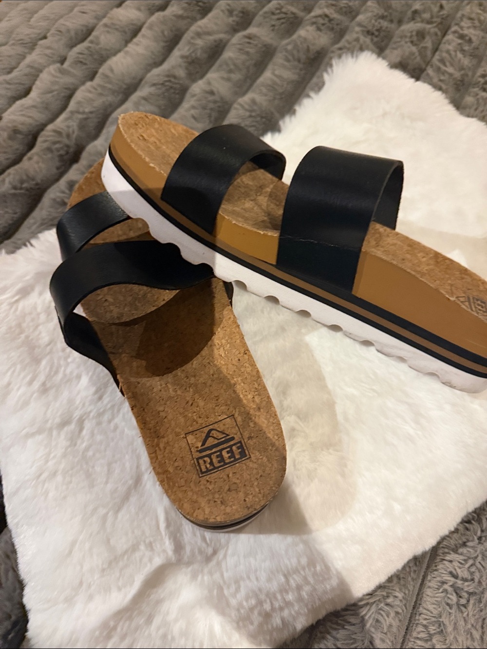 Reef Women's Black Cork Double-Strap Slide Sandals